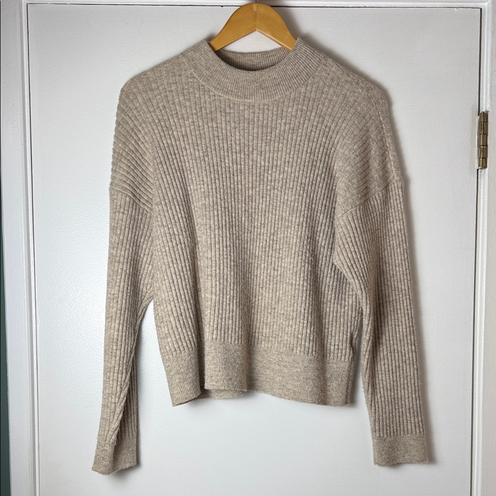 Club Monaco Ribbed Mock-Neck Wool Blend Sweater in Tan - Size Medium